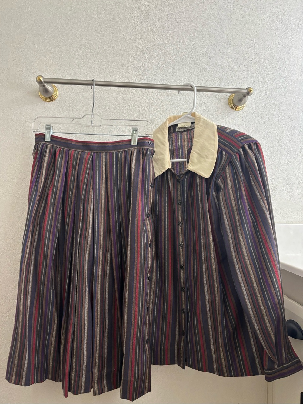 Vintage Jaeger Wool Striped Skirt & Blouse Matching Set